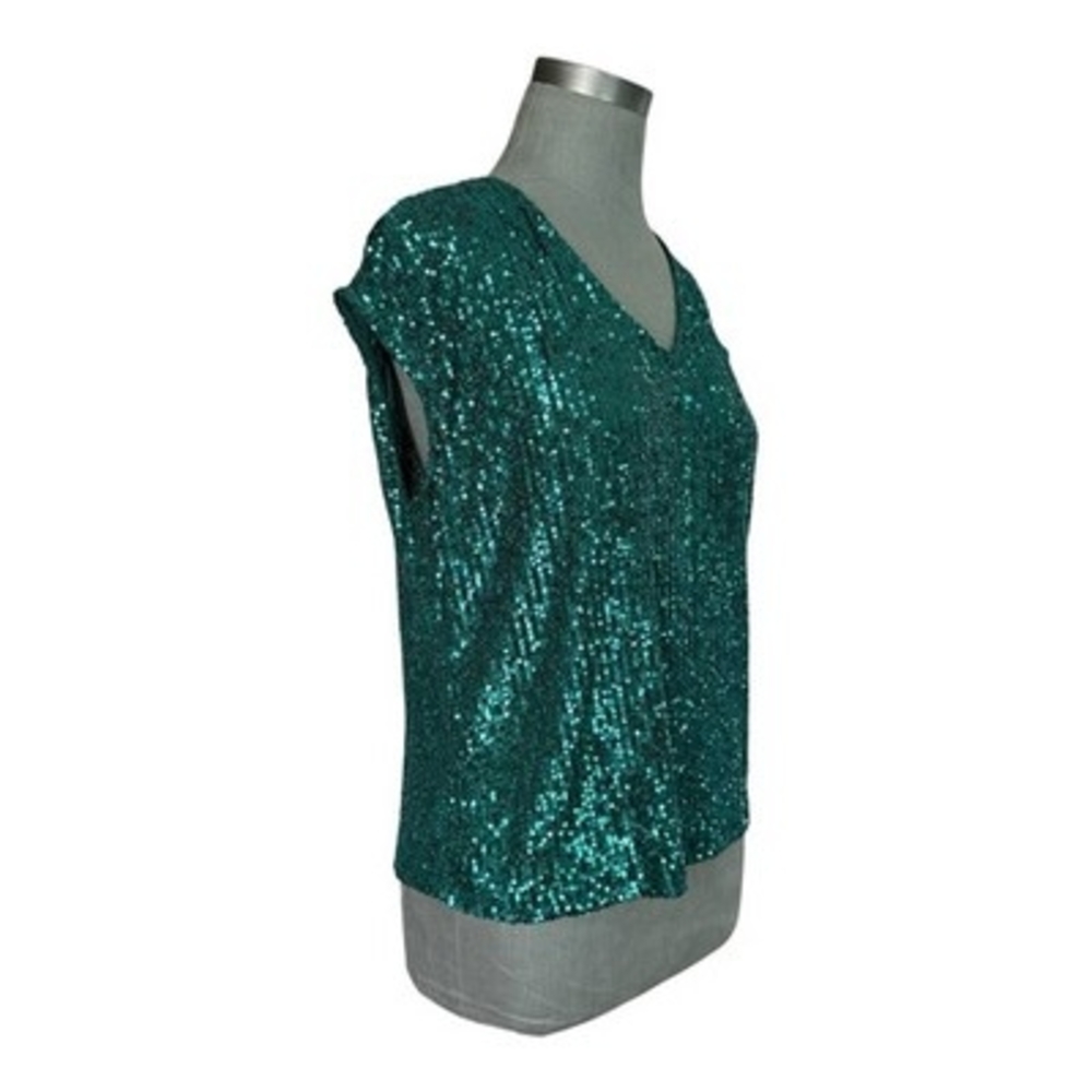 Vince Camuto Emerald Green Sequin V-Neck Top Sleeveless Sz M Dazzling VG - Picture 4 of 6